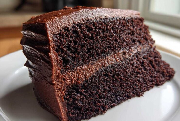 Close-up of a moist slice of dark chocolate cake with rich chocolate frosting and filling.