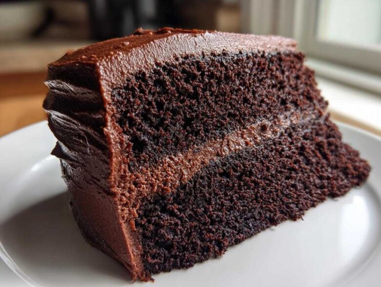 Close-up of a moist slice of dark chocolate cake with rich chocolate frosting and filling.