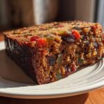 Close-up of a moist slice of fruit cake recipe, packed with colorful candied and dried fruits.