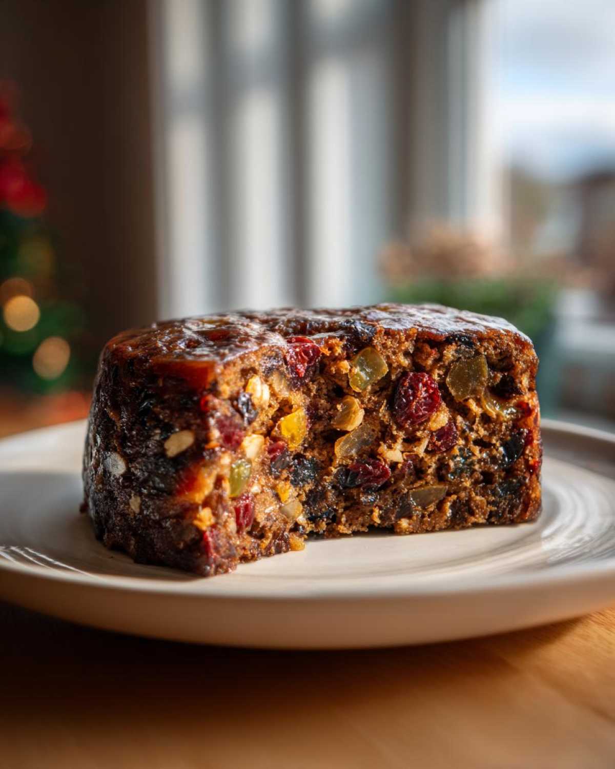 Close-up of a moist slice of fruit cake recipe, rich with dried fruits and nuts, sitting on a light plate.