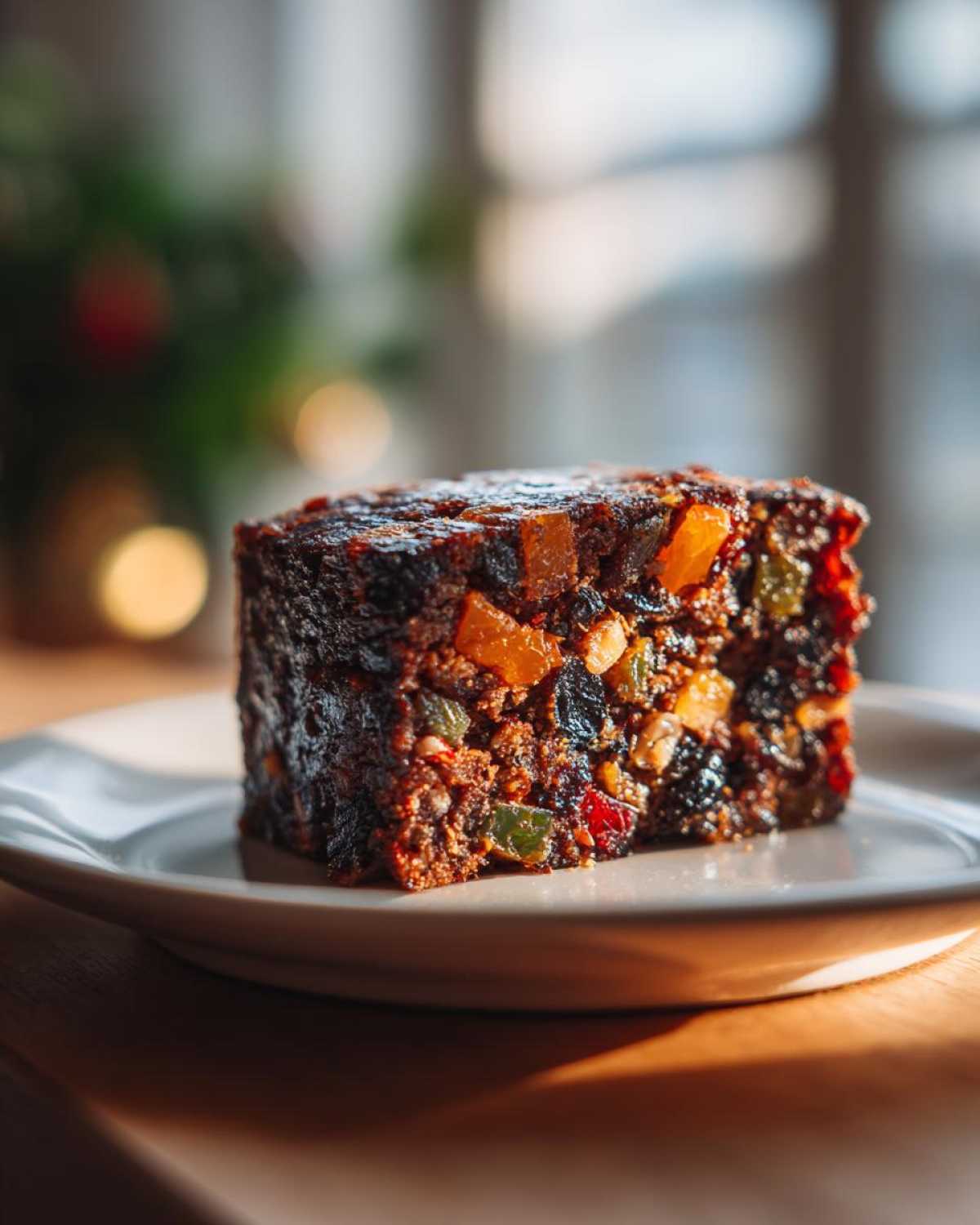 Close-up of a dense, dark slice of moist fruit cake recipe packed with colorful candied fruits.