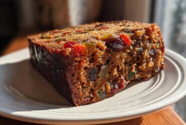 Close-up of a moist slice of fruit cake recipe, packed with colorful candied and dried fruits.