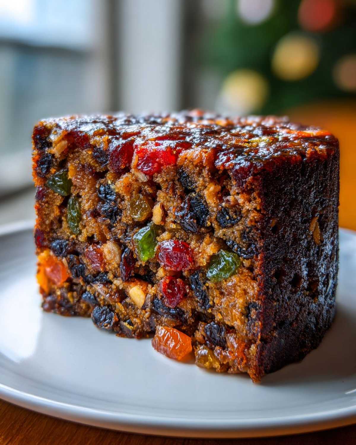 Close-up of a thick slice of moist fruit cake recipe, packed with dark raisins and colorful candied fruit.