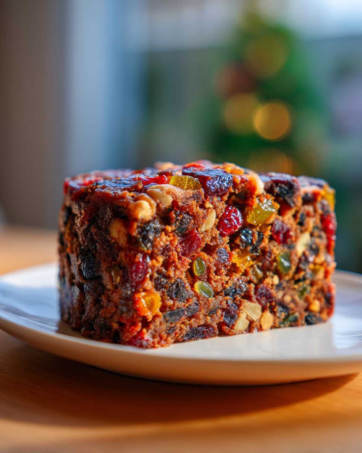 A dense, rich slice of moist fruit cake recipe loaded with colorful candied fruits and nuts on a white plate.
