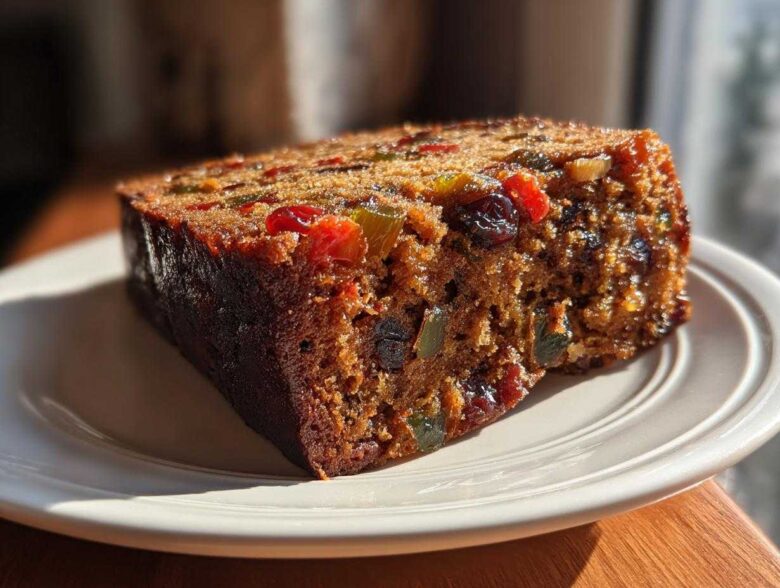 Close-up of a moist slice of fruit cake recipe, packed with colorful candied and dried fruits.