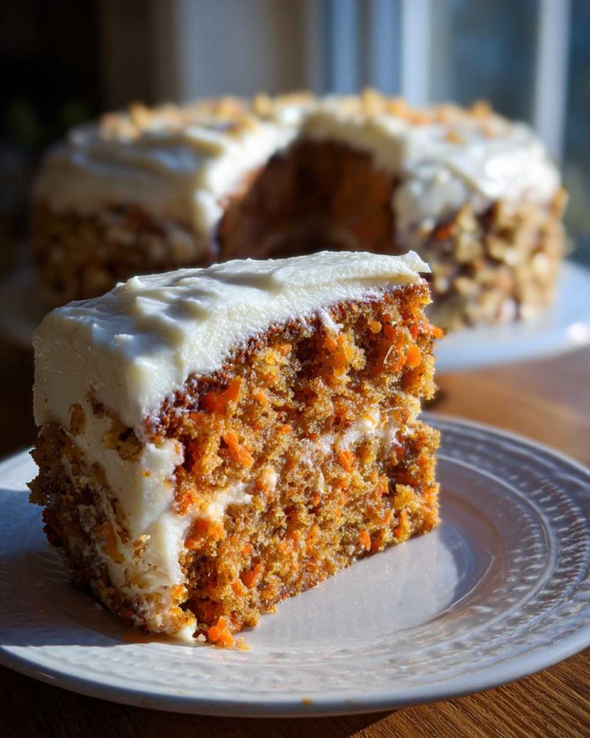 A thick slice of Moist Homemade Carrot Cake topped with cream cheese frosting sits on a white plate.