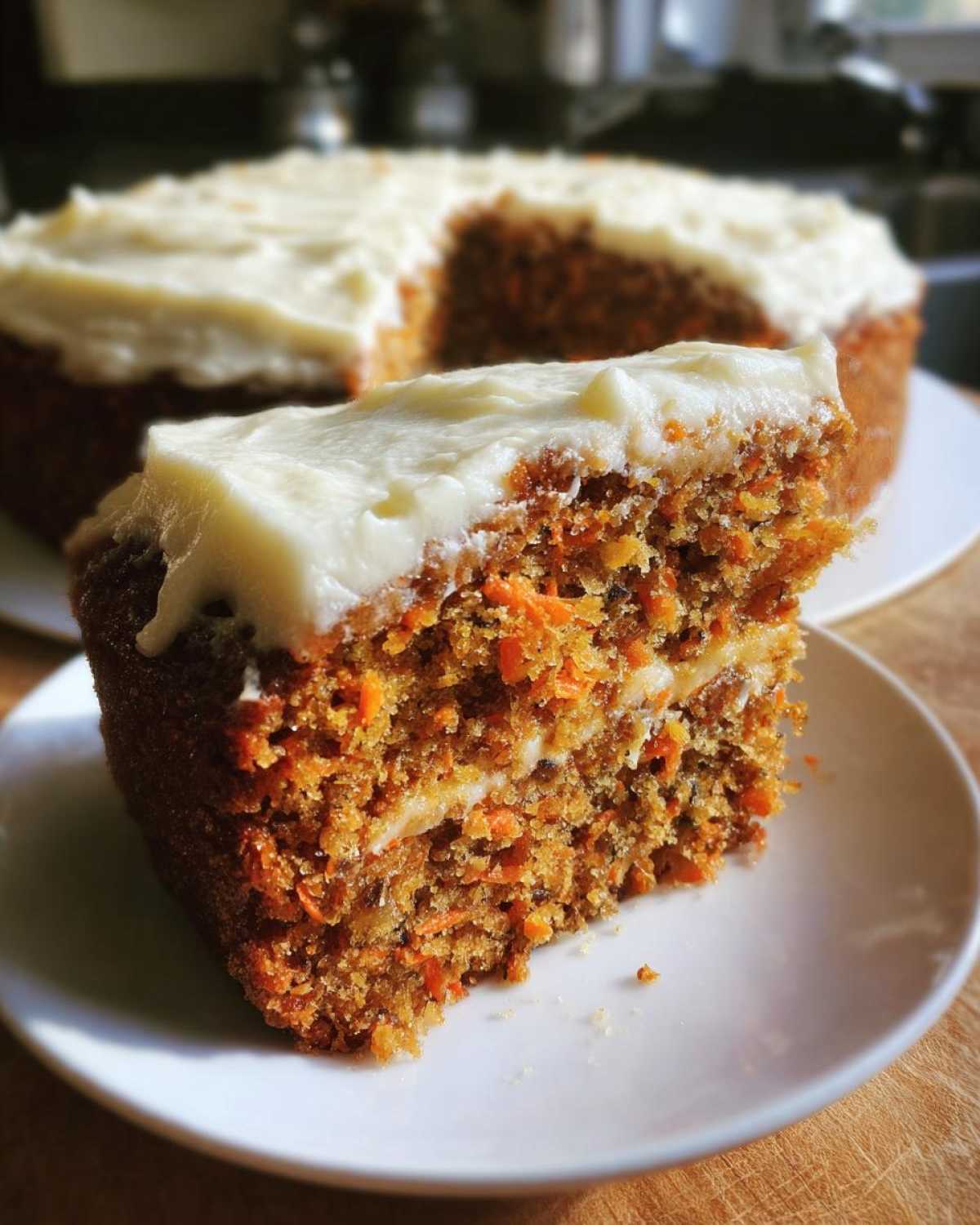 A close-up slice of Moist Homemade Carrot Cake showing its texture and thick cream cheese frosting.