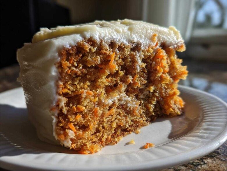Close-up of a moist homemade carrot cake slice showing visible shredded carrots and thick cream cheese frosting.
