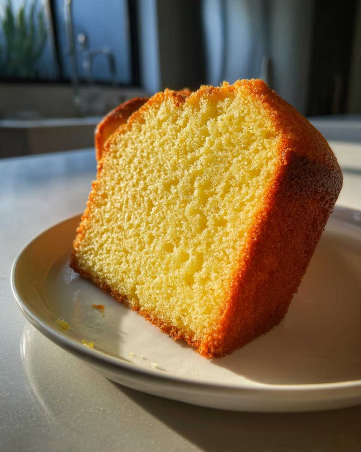 Close-up of a thick, moist slice of yellow olive oil cake on a white plate, highlighted by sunlight.