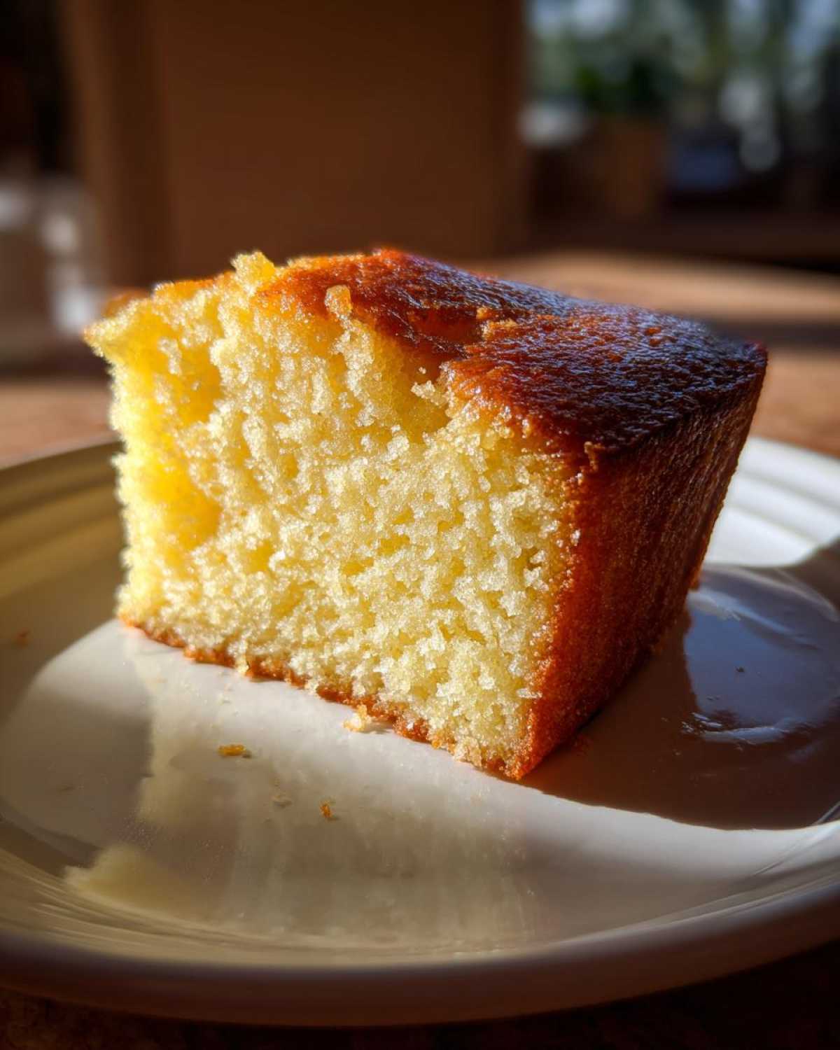 Close-up of a golden slice of moist olive oil cake sitting on a white plate, highlighted by sunlight.