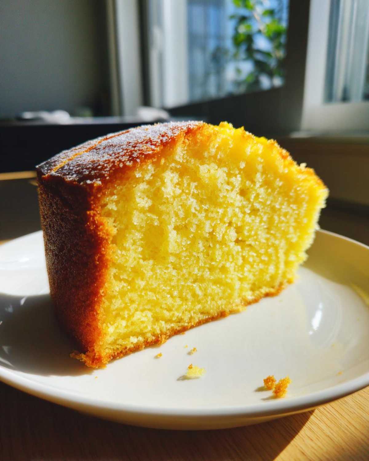 A bright yellow slice of moist olive oil cake dusted with powdered sugar, sitting on a white plate.