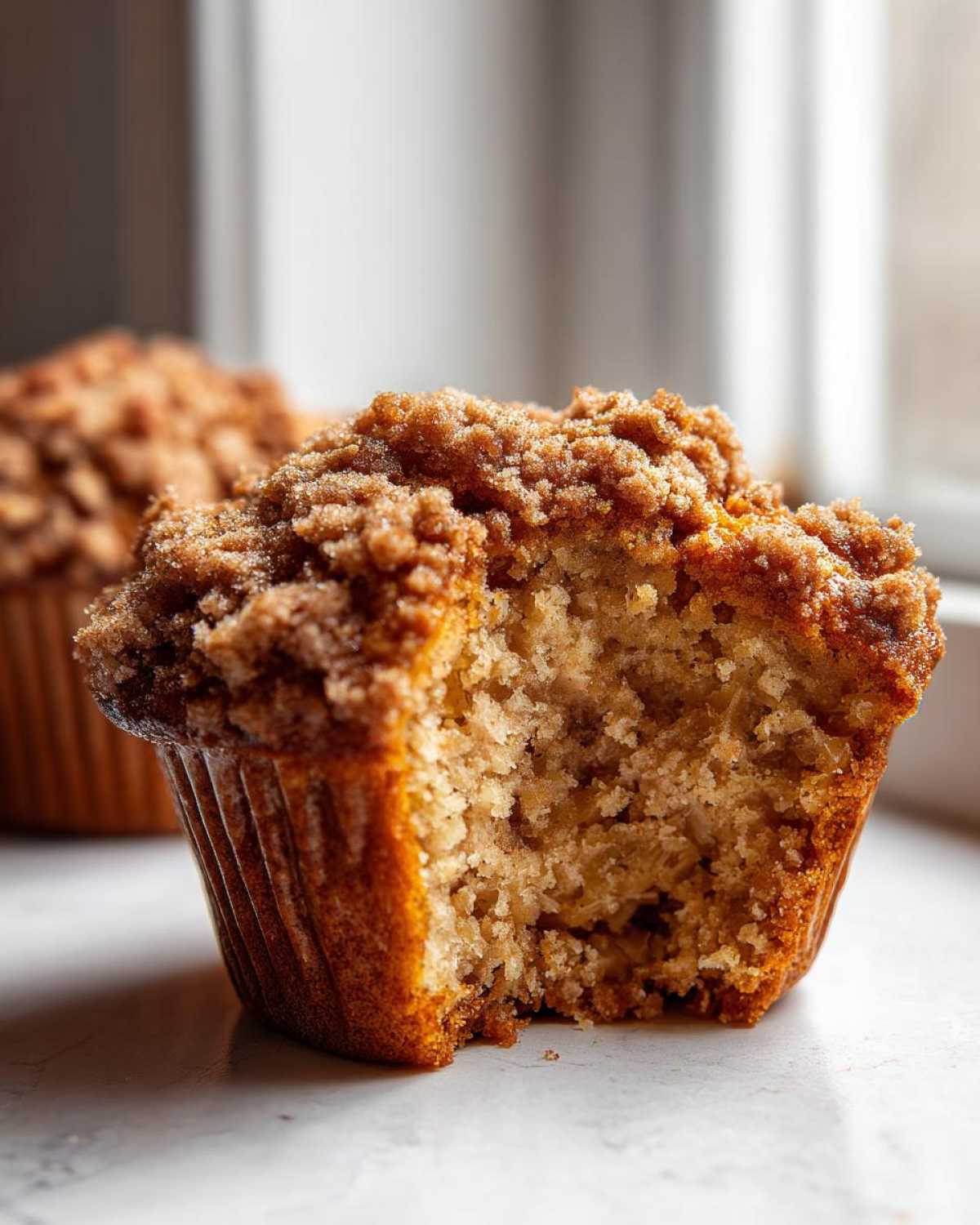 Close-up of a moist Pineapple Muffins With Crumb Topping with a bite taken out, showing the texture.
