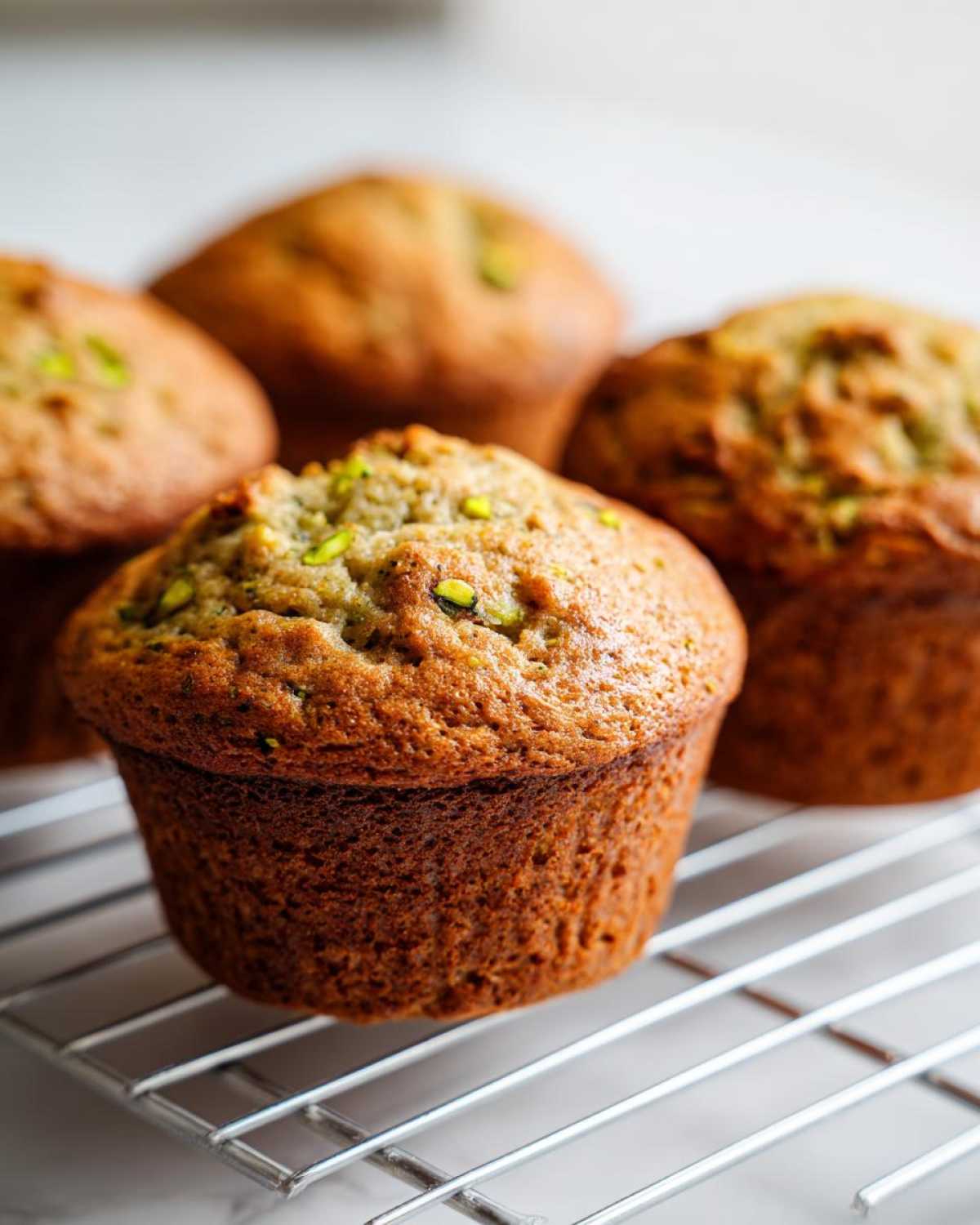Close-up of freshly baked, golden-brown pistachio muffins cooling on a silver wire rack.