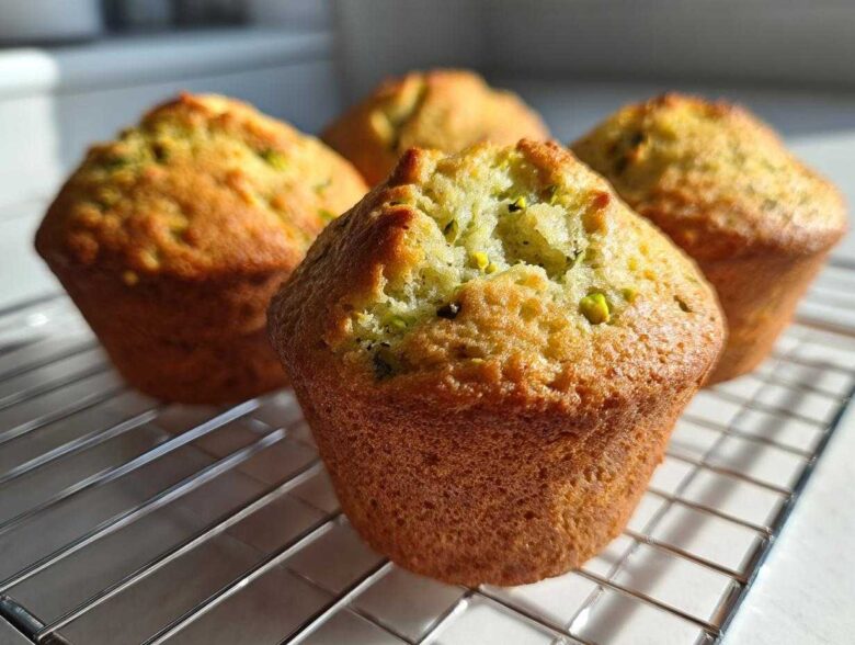 Close-up of four freshly baked, golden-brown pistachio muffins cooling on a wire rack, showing green pistachio pieces.