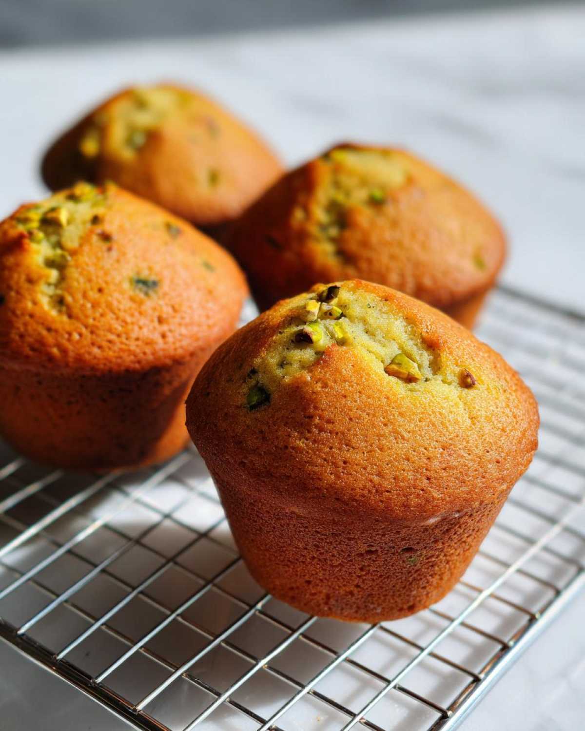 Four golden brown pistachio muffins cooling on a wire rack, showing visible chopped pistachios on top.