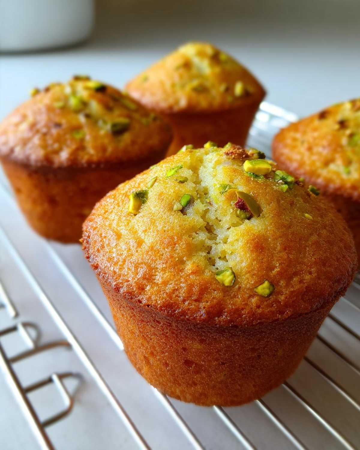 Close-up of four golden brown pistachio muffins cooling on a wire rack, topped with chopped pistachios.