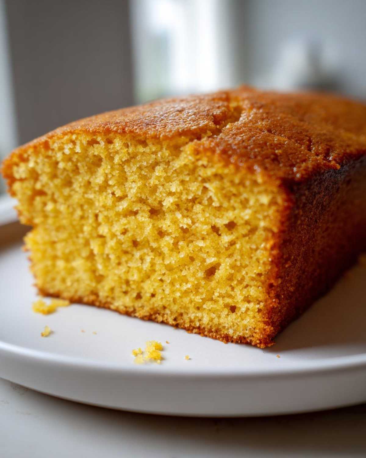 Close-up of a freshly baked slice of golden sourdough cornbread showing its moist, crumbly texture.