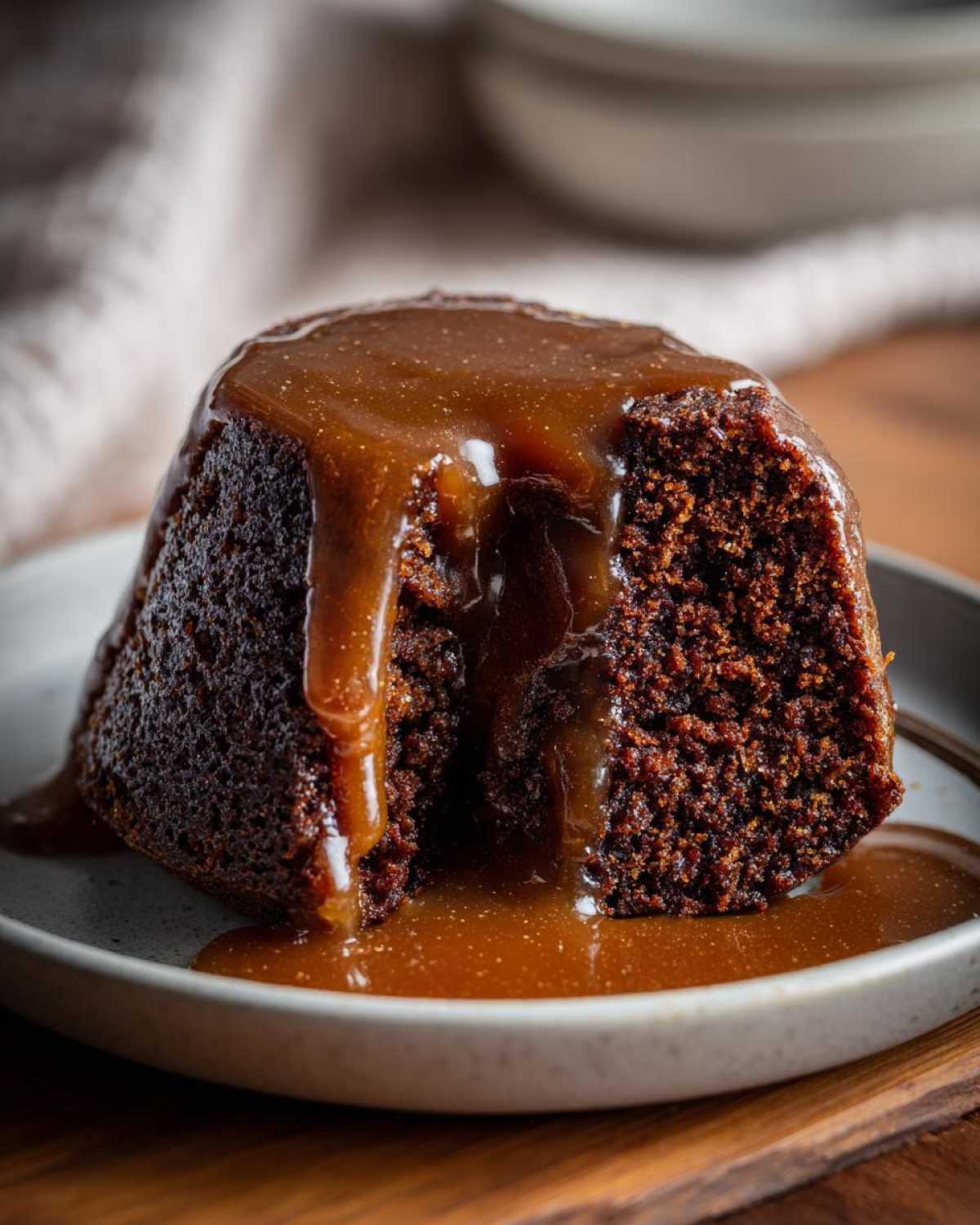 Close-up of a rich, dark sticky toffee pudding recipe slice drenched in thick caramel sauce.