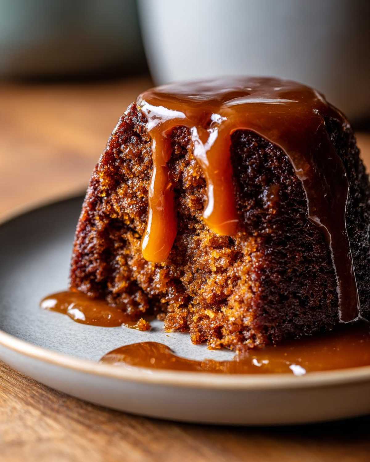 Close-up of a rich, dark sticky toffee pudding recipe slice covered in dripping caramel sauce.