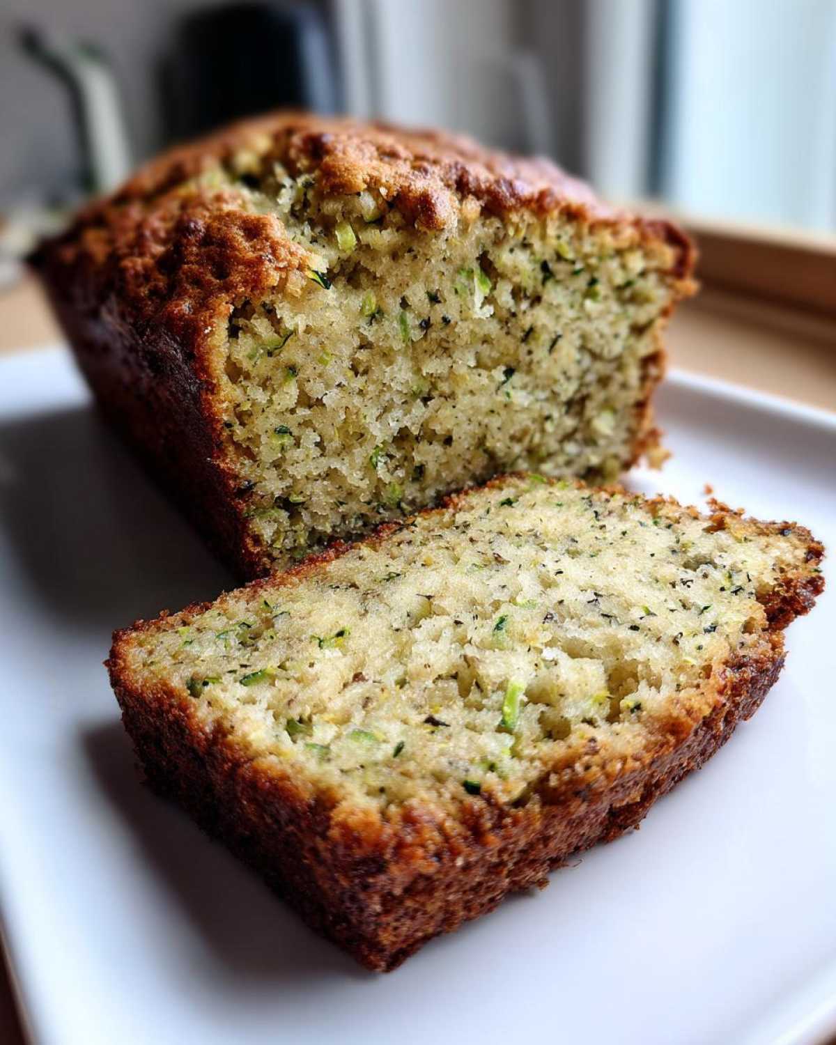 Close-up of moist zucchini banana bread loaf, showing a thick slice cut and resting in front.