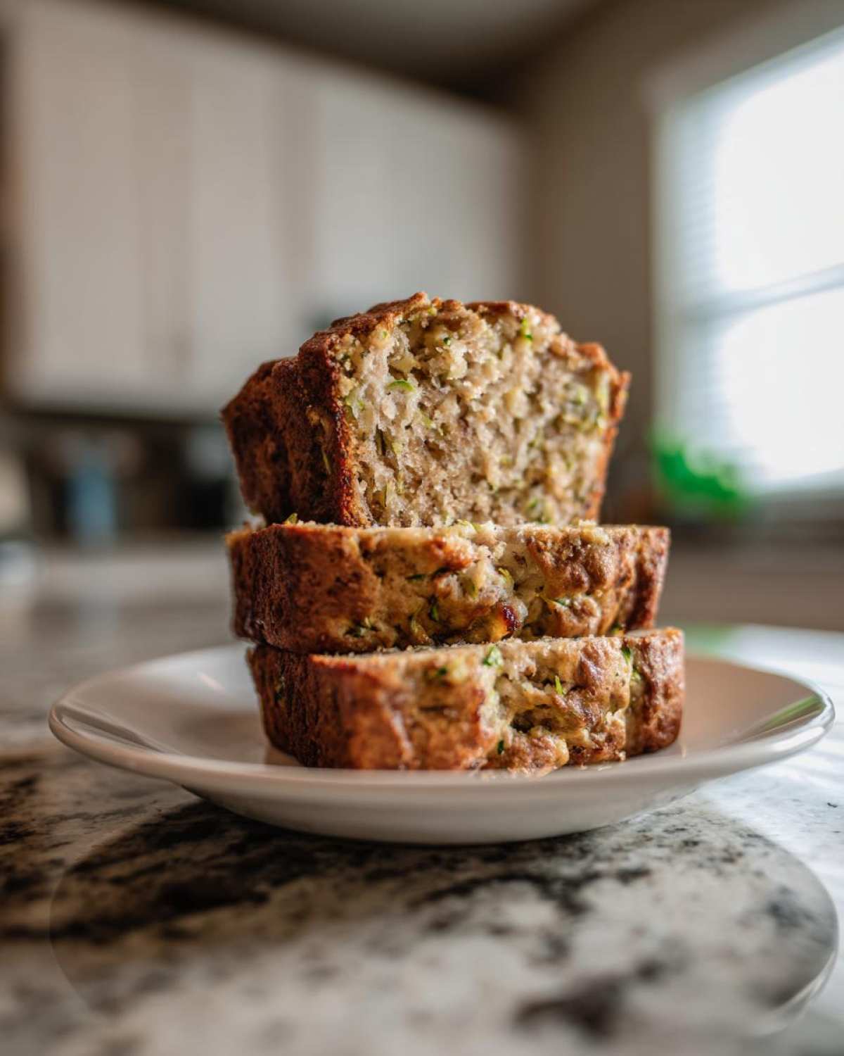 Three thick slices of moist zucchini banana bread stacked on a white plate.