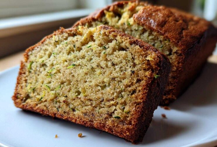 Two thick slices of moist zucchini banana bread showing the tender crumb and flecks of green zucchini.