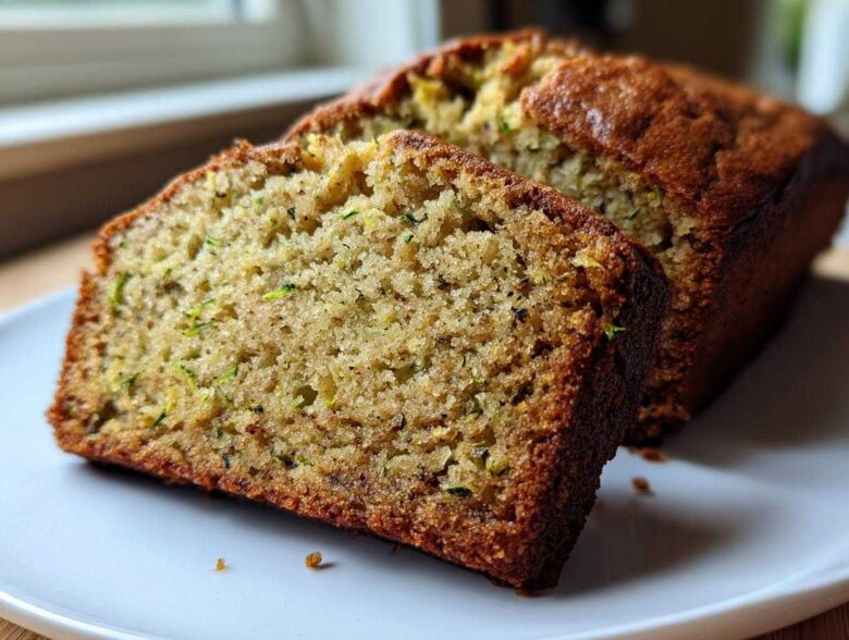 Two thick slices of moist zucchini banana bread showing the tender crumb and flecks of green zucchini.