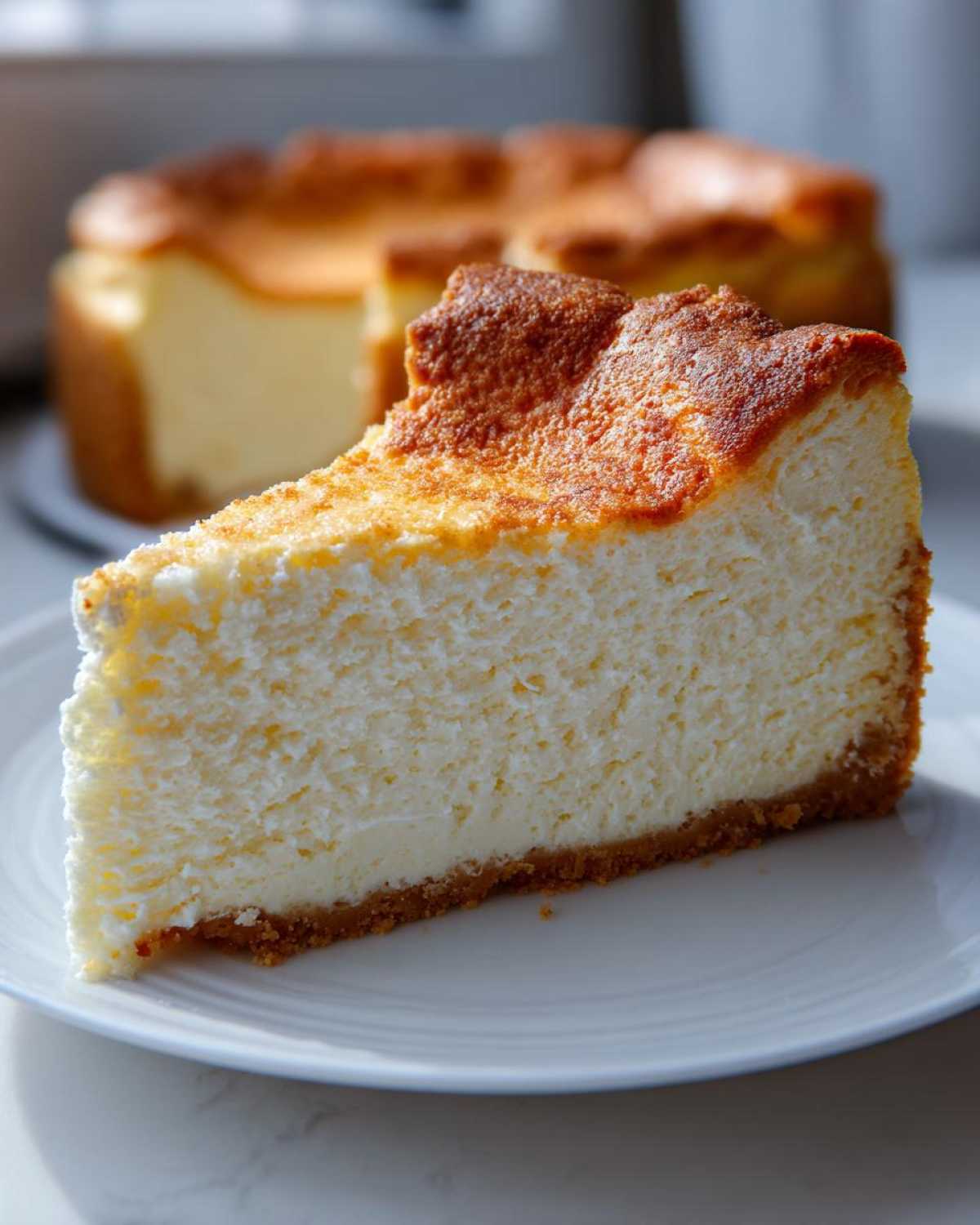 A thick slice of rich new york cheesecake with a graham cracker crust and a beautifully browned top, served on a white plate.