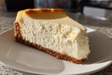 A thick, creamy slice of new york cheesecake resting on a white plate, showing a golden-brown crust.