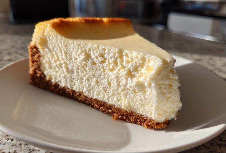 A thick, creamy slice of new york cheesecake resting on a white plate, showing a golden-brown crust.