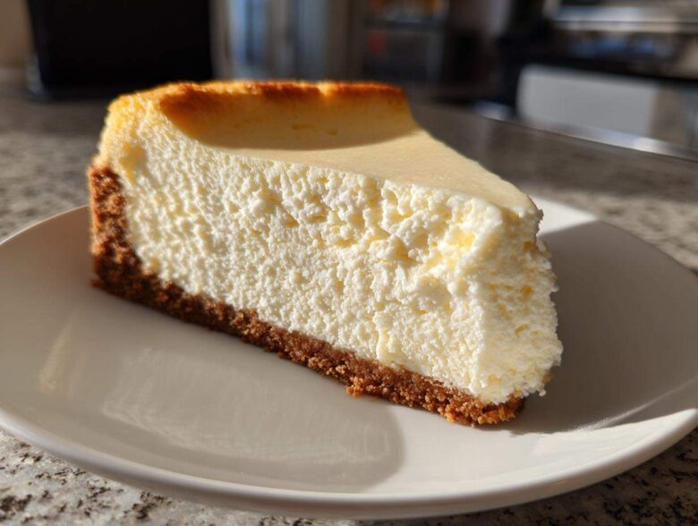 A thick, creamy slice of new york cheesecake resting on a white plate, showing a golden-brown crust.