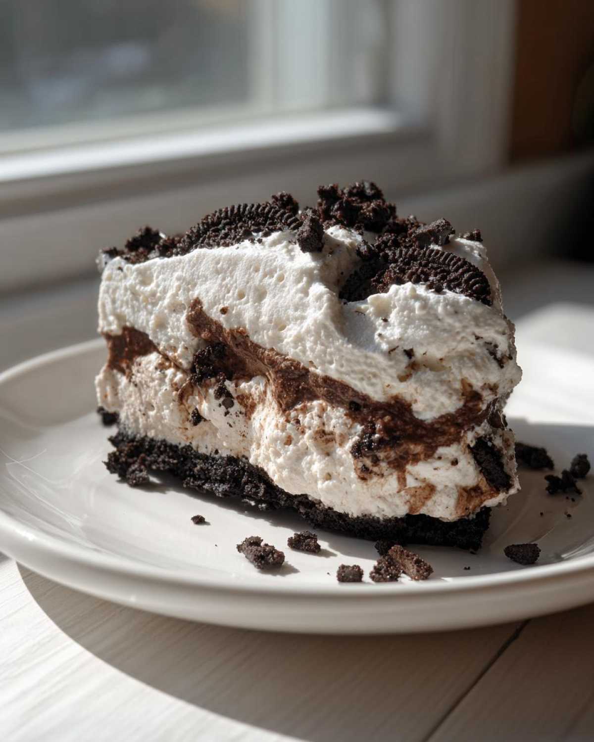 A generous slice of no bake oreo pie featuring a dark crust, creamy filling, and crushed cookie topping, served on a white plate.