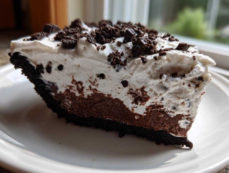 A close-up slice of no bake oreo pie showing a dark crust, chocolate filling, and thick white whipped topping sprinkled with cookie crumbs.