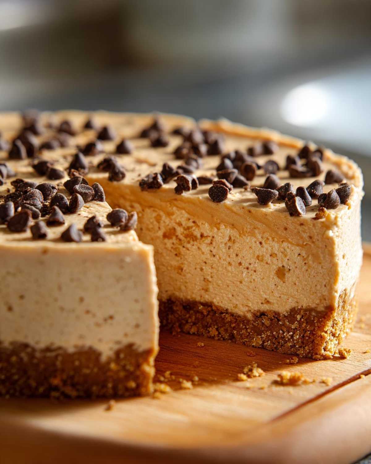 A close-up of a creamy no bake peanut butter pie with a thick graham cracker crust, topped with mini chocolate chips.