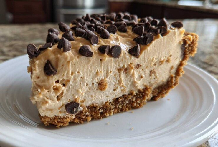 A close-up slice of creamy no bake peanut butter pie with a graham cracker crust, topped generously with chocolate chips.