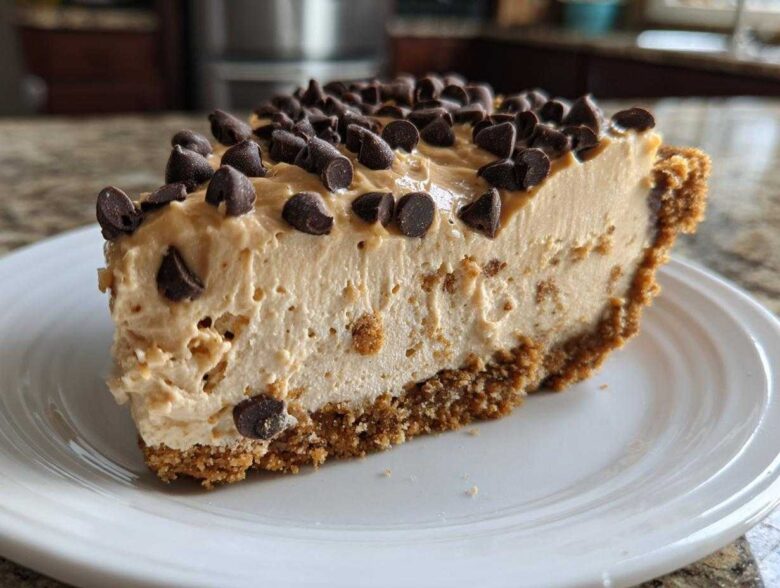 A close-up slice of creamy no bake peanut butter pie with a graham cracker crust, topped generously with chocolate chips.