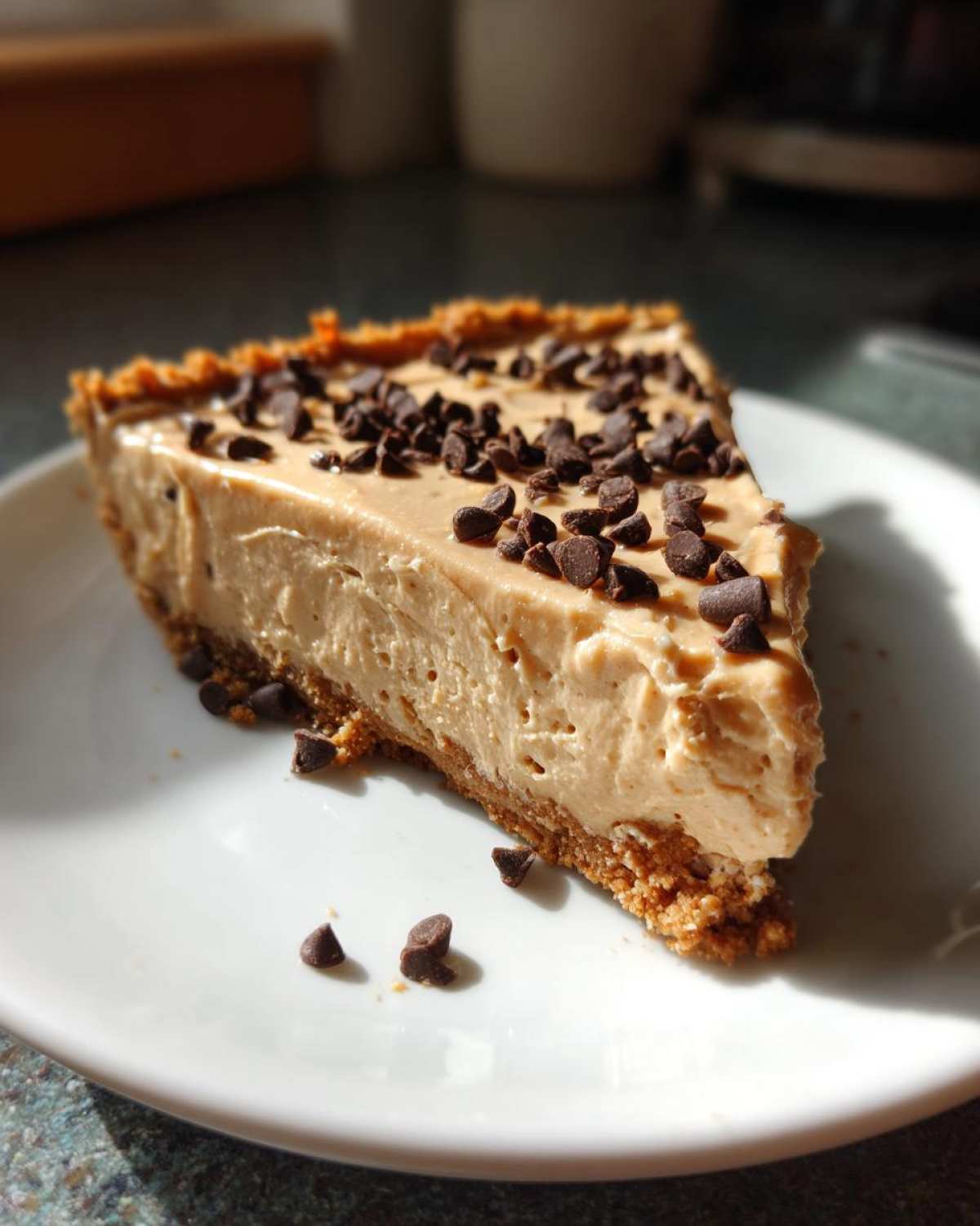 A close-up slice of creamy no bake peanut butter pie topped with mini chocolate chips on a white plate.