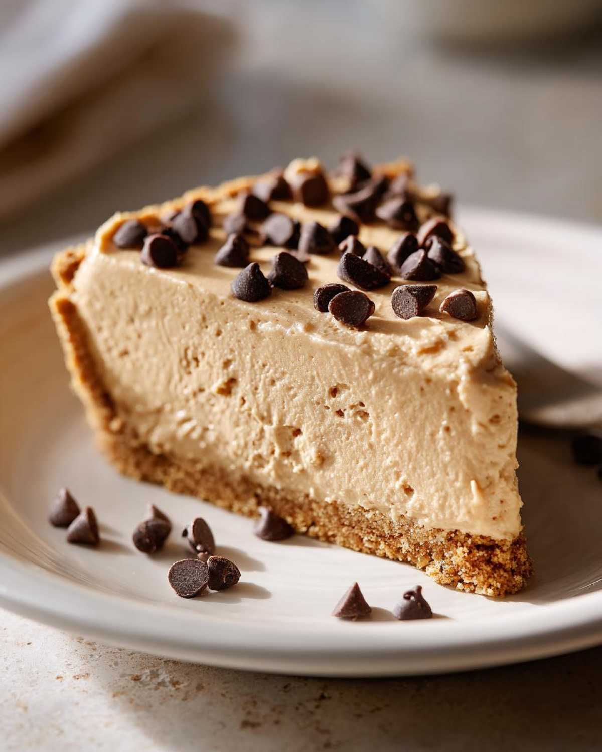 A close-up of a creamy slice of no bake peanut butter pie topped with mini chocolate chips on a white plate.