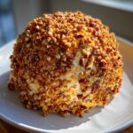 A perfectly formed, creamy cheese ball recipe coated entirely in chopped toasted pecans.