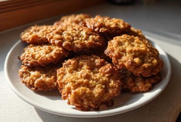 A pile of golden brown oatmeal lace cookies with crispy edges resting on a white plate, illuminated by sunlight.