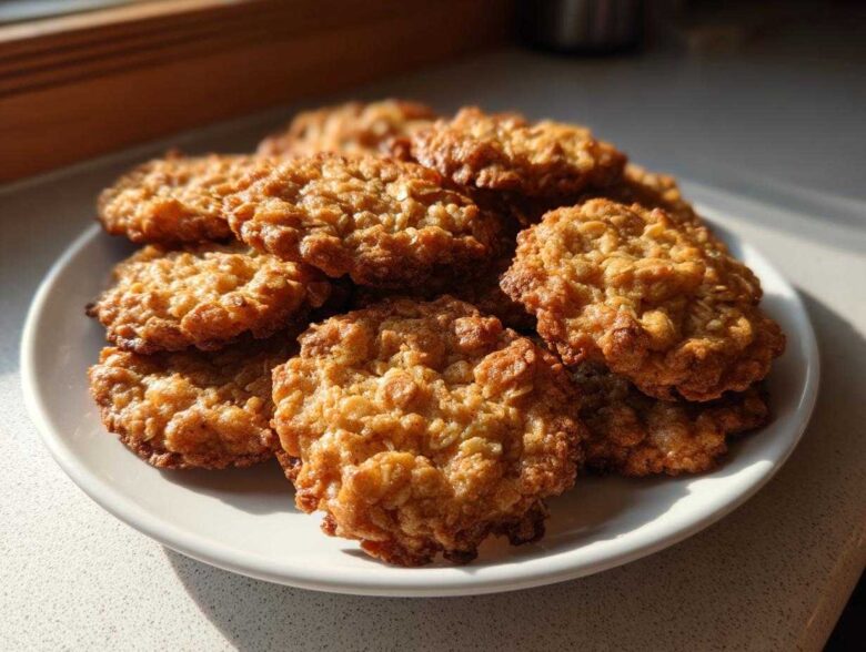 A pile of golden brown oatmeal lace cookies with crispy edges resting on a white plate, illuminated by sunlight.