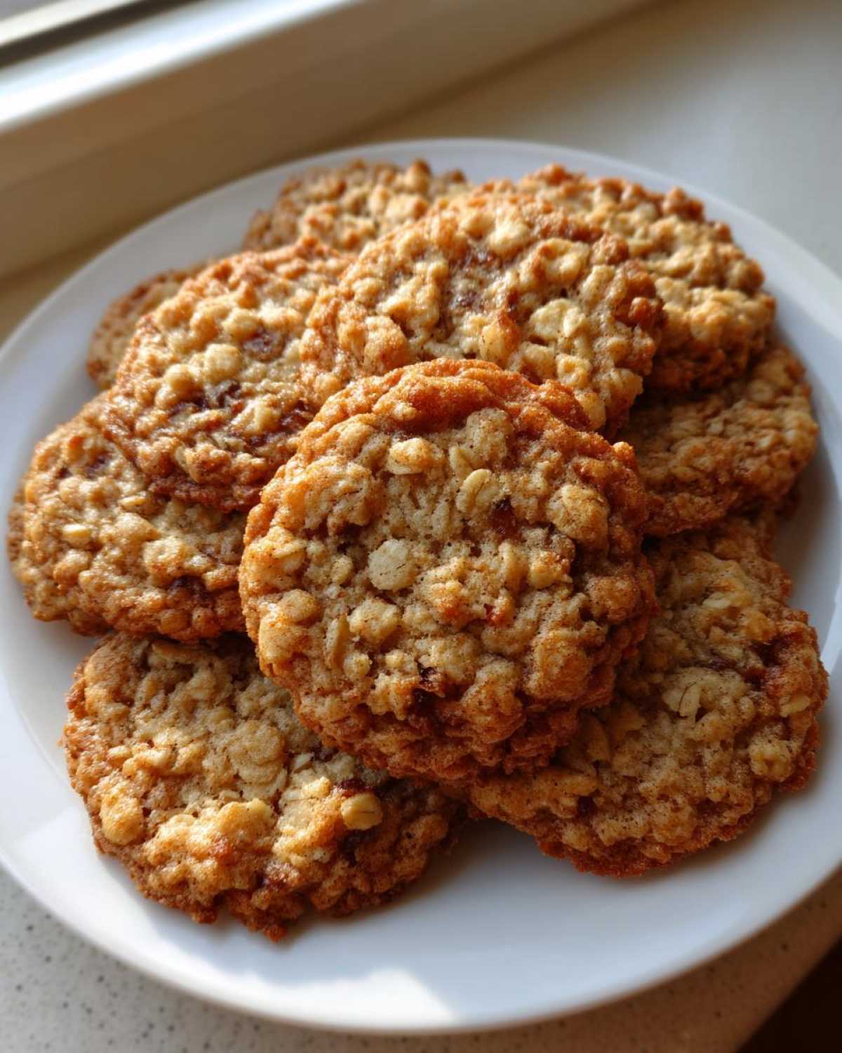 A stack of golden brown, lacy oatmeal lace cookies piled high on a white plate near a window.