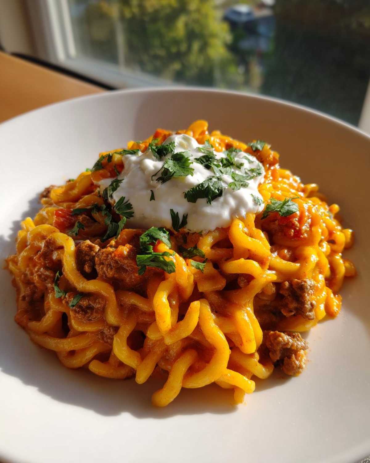A bowl of creamy, cheesy taco pasta topped with sour cream and fresh cilantro.