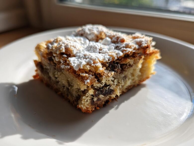 A single square of Ooey Gooey Banana Bars topped with powdered sugar, sitting on a white plate.