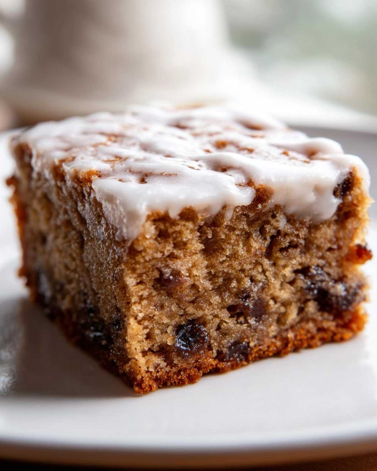 Close-up of a soft, moist square of Ooey Gooey Banana Bars topped with a simple white glaze.