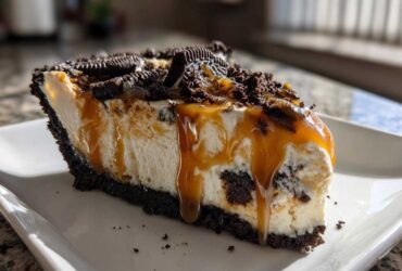 A decadent slice of ice cream pie featuring a dark cookie crust, creamy filling, and a thick caramel drizzle topped with cookie pieces.