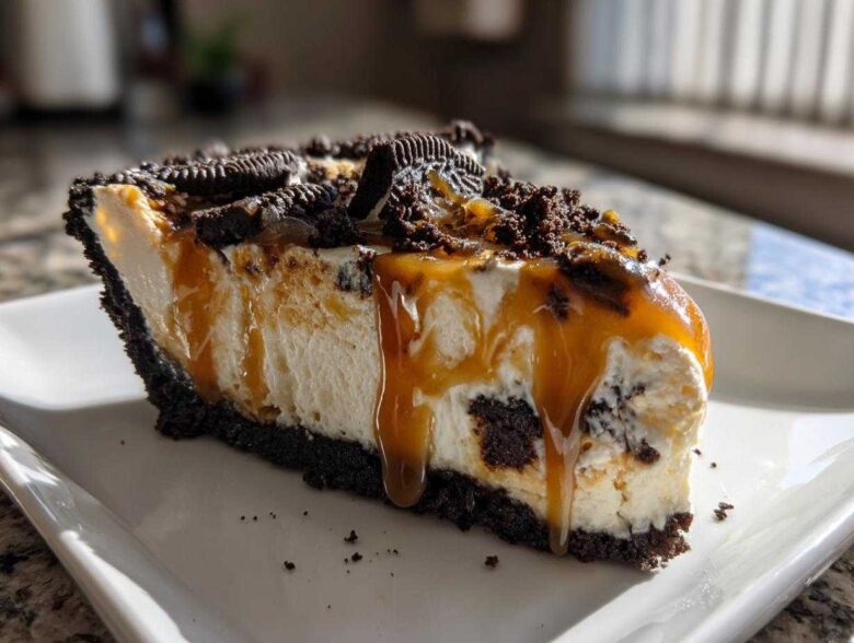 A decadent slice of ice cream pie featuring a dark cookie crust, creamy filling, and a thick caramel drizzle topped with cookie pieces.