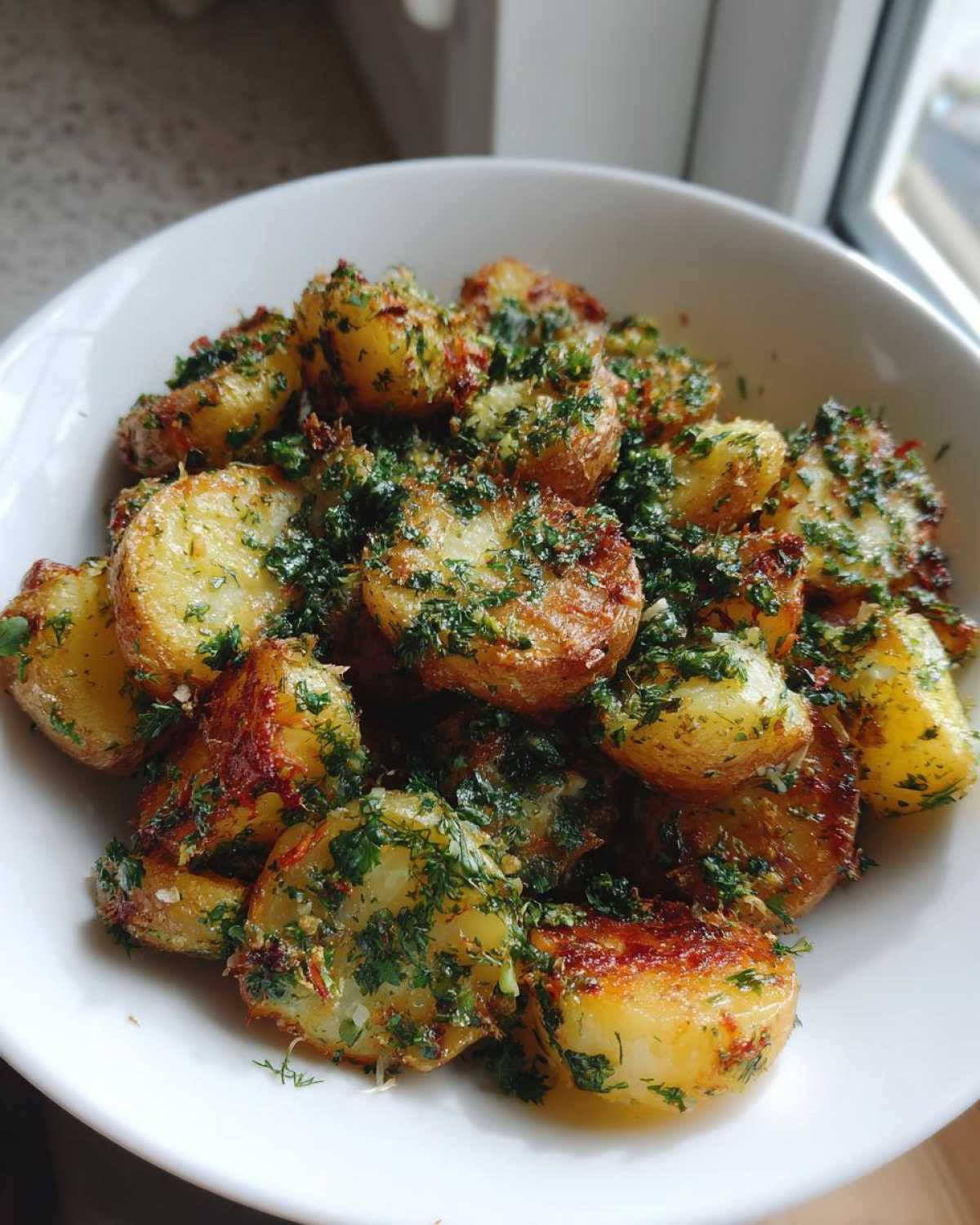 A white bowl filled with golden brown Parmesan Herb Roasted Potatoes generously topped with fresh green herbs.