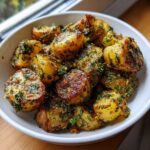Close-up of golden brown Parmesan Herb Roasted Potatoes coated generously with green herbs, served in a white bowl.