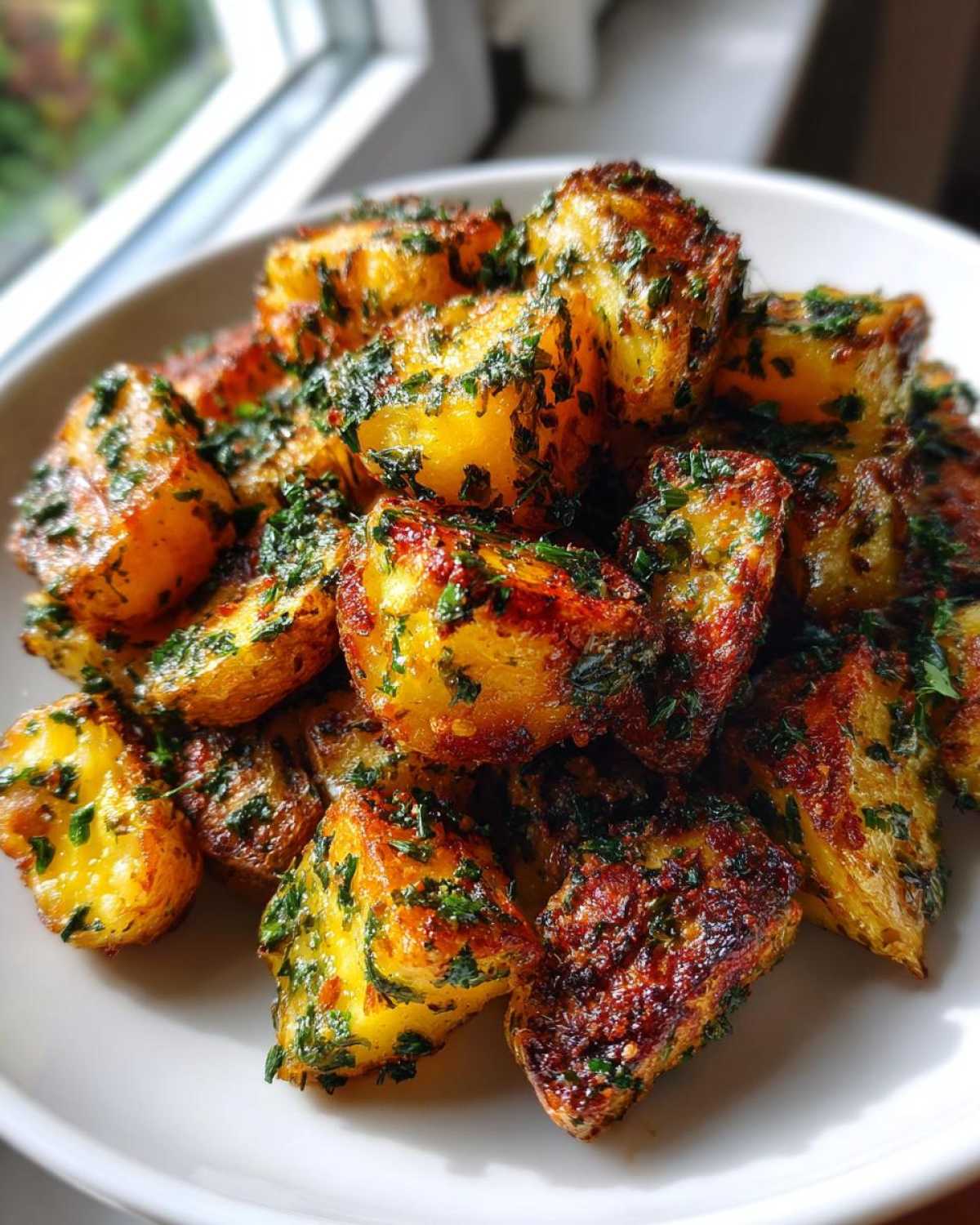 A close-up of crispy, golden Parmesan Herb Roasted Potatoes generously coated in fresh green herbs.